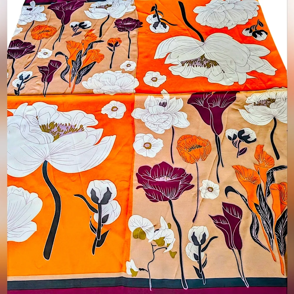 😎🧡 4/$20 Floral Colorblocked Silky Scarf Square- Orange, Purple, Cream & Green - Picture 7 of 7